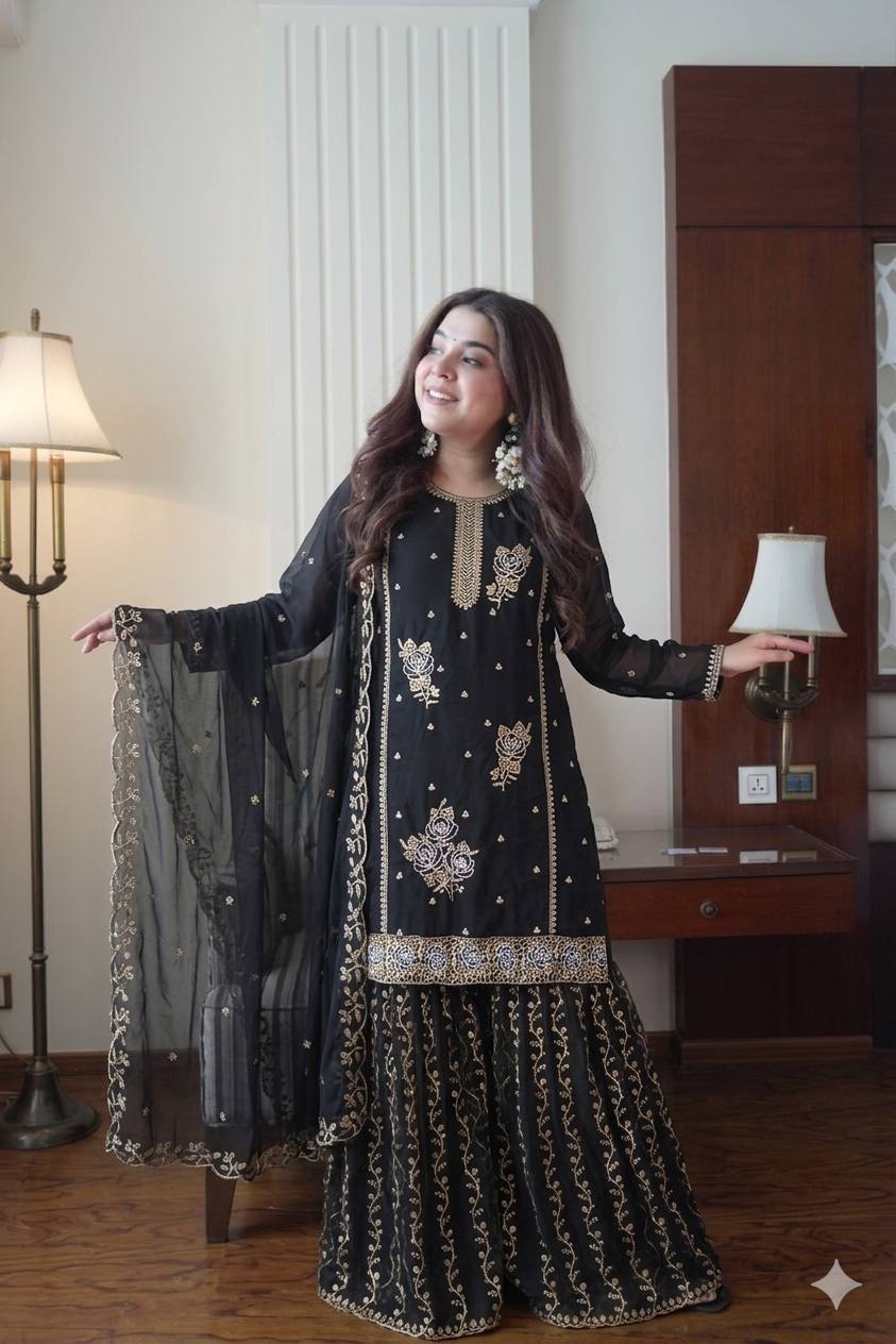 Black Color Georgette Sequence Embroidered Sharara Suit