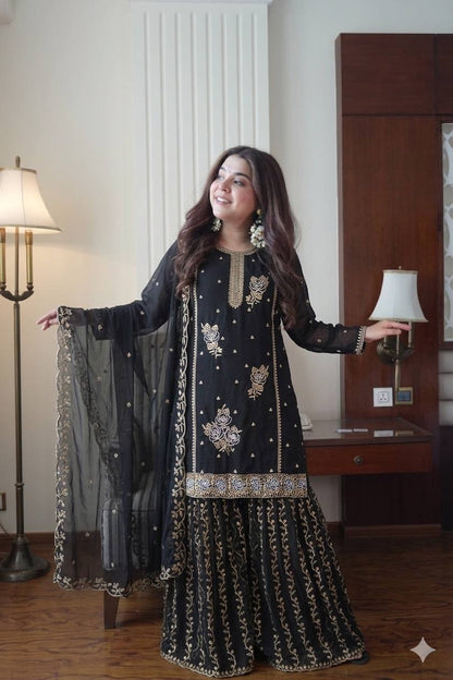 Black Color Georgette Sequence Embroidered Sharara Suit