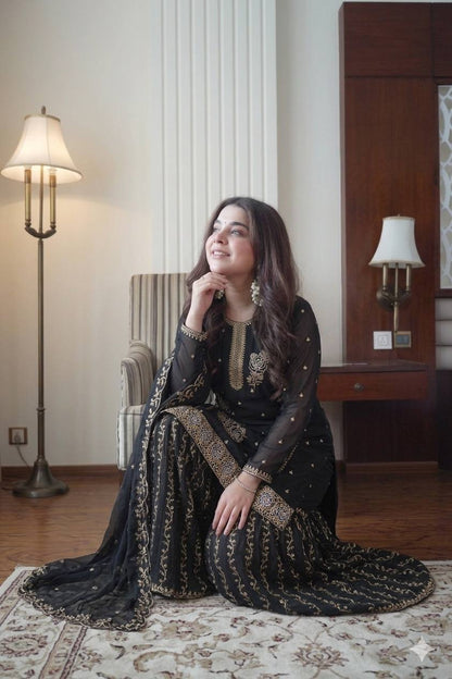 Black Color Georgette Sequence Embroidered Sharara Suit
