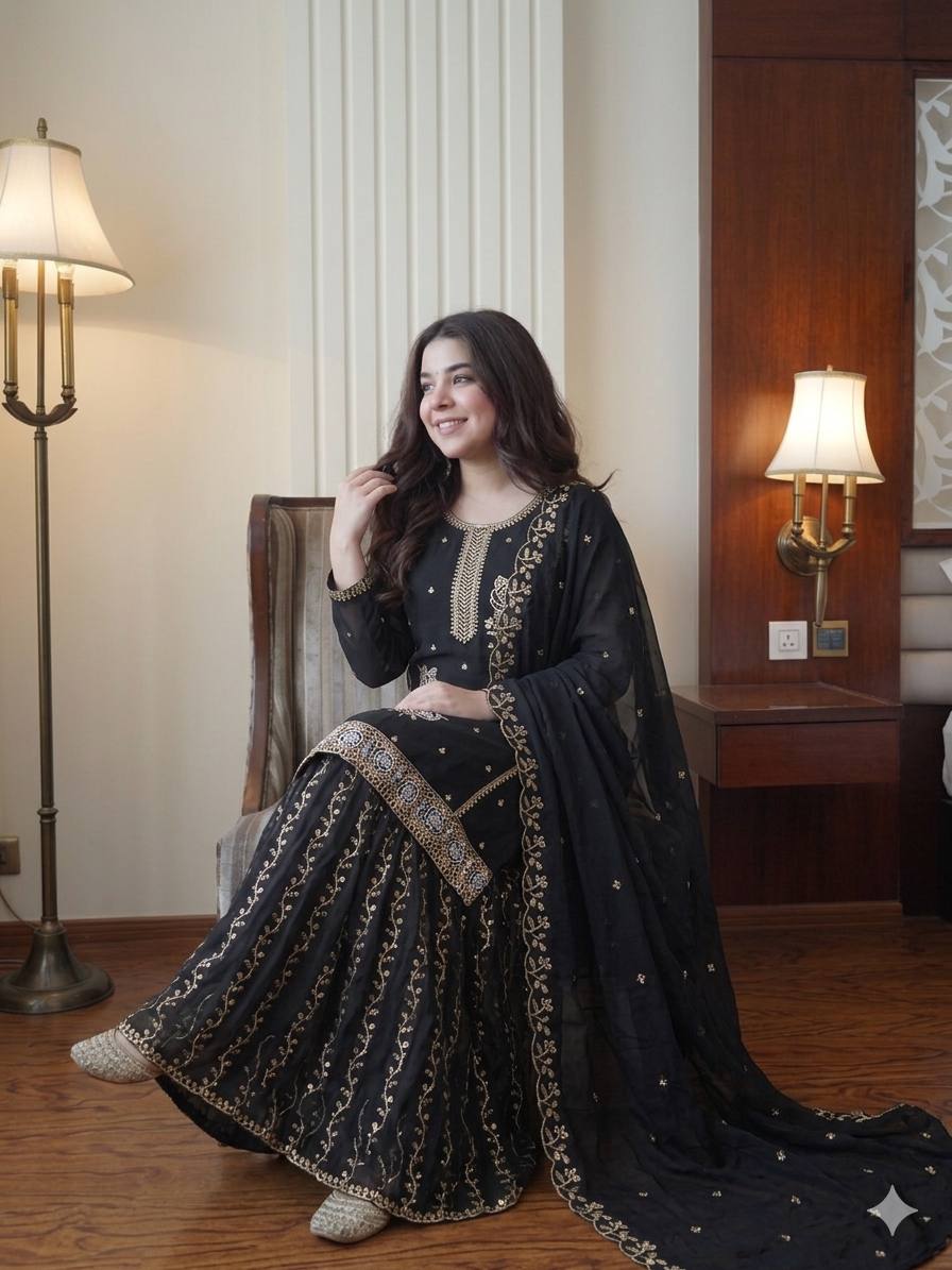 Black Color Georgette Sequence Embroidered Sharara Suit