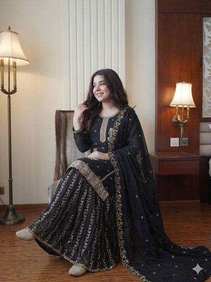 Black Color Georgette Sequence Embroidered Sharara Suit