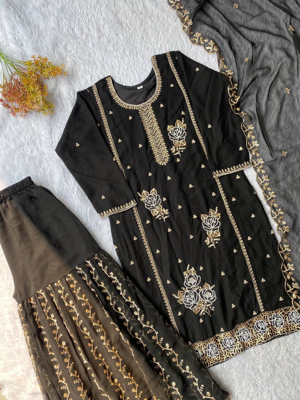 Black Color Georgette Sequence Embroidered Sharara Suit