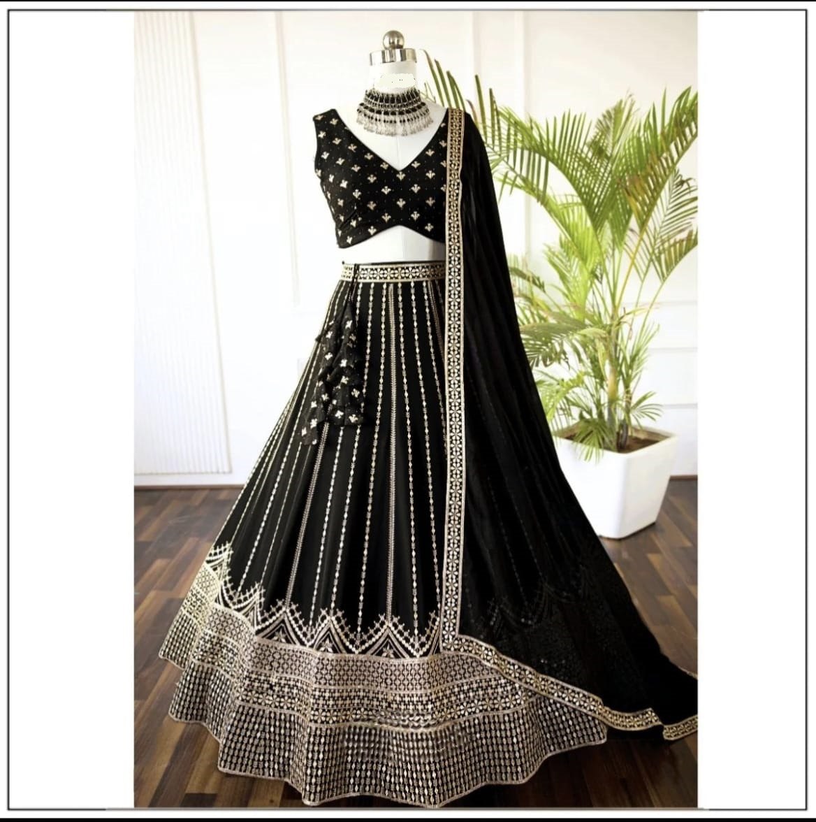 Glossy Black Color Embroidered Zari Work Lehenga Choli