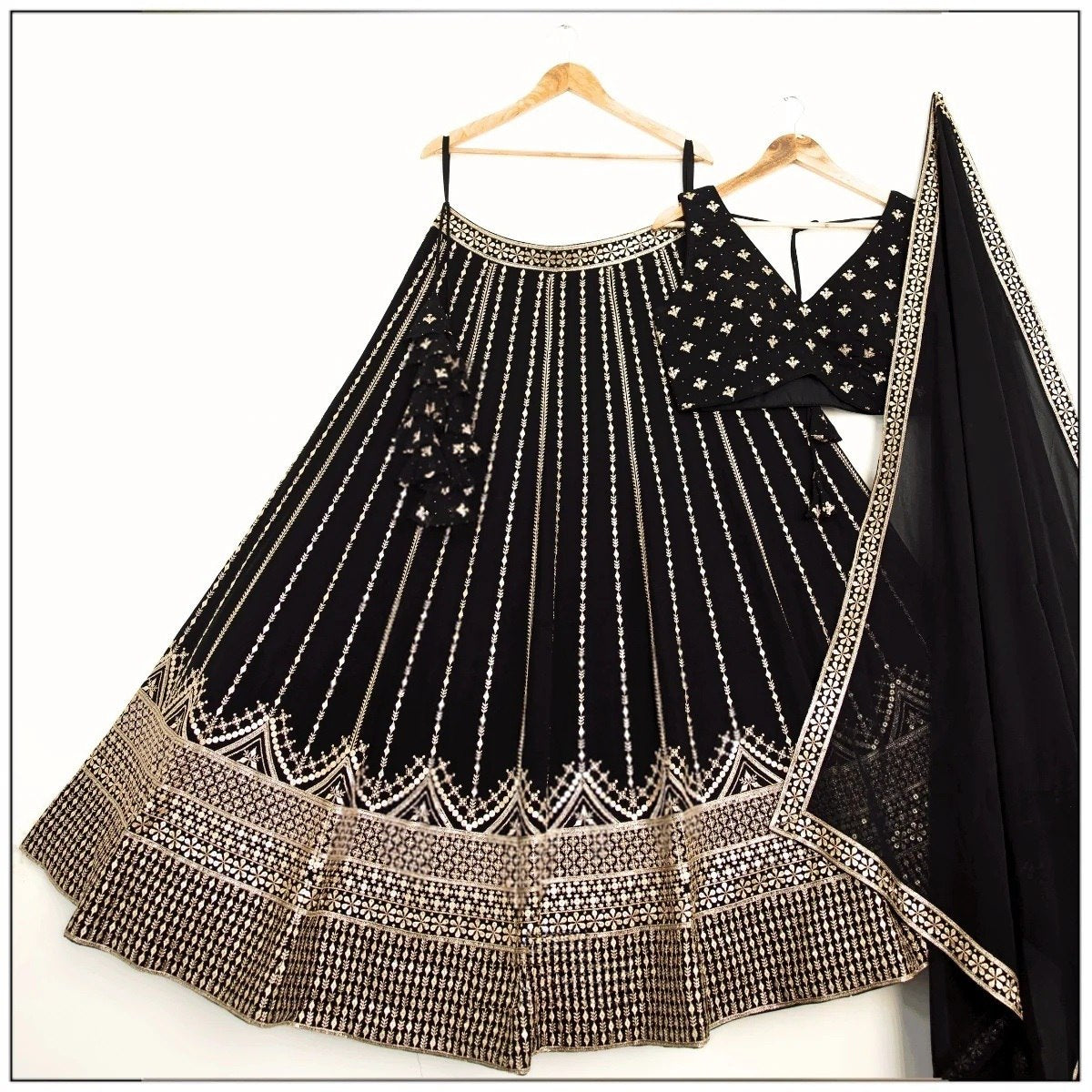 Glossy Black Color Embroidered Zari Work Lehenga Choli