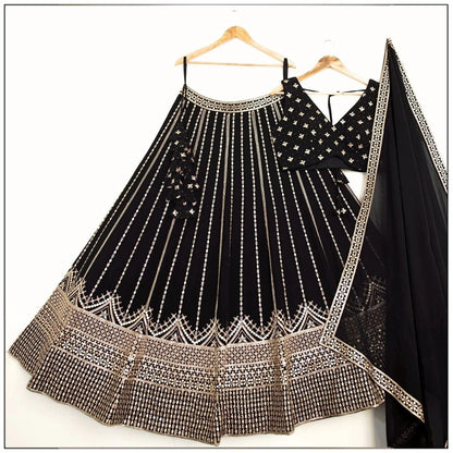 Glossy Black Color Embroidered Zari Work Lehenga Choli