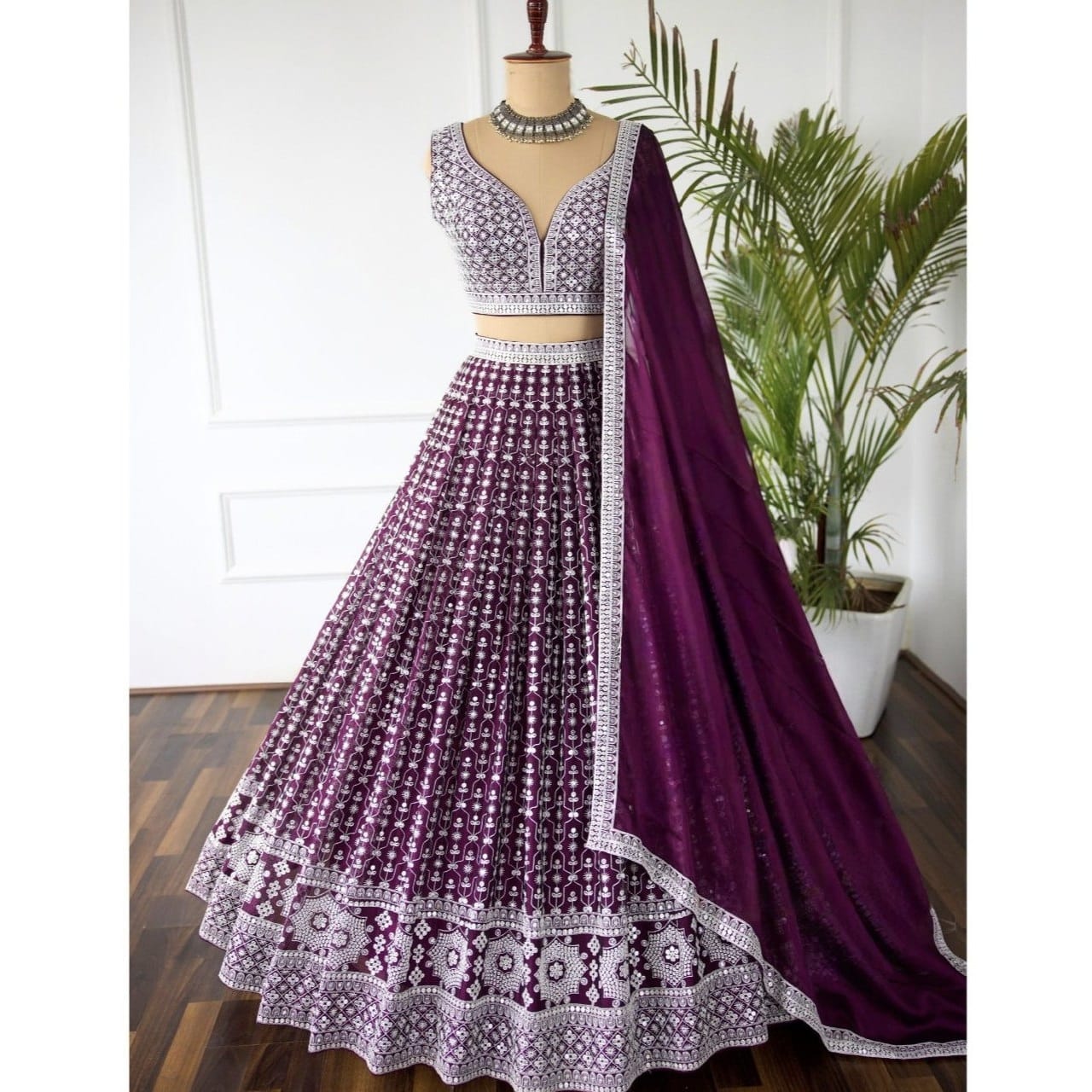 Dazzling Purple Color Cotton Thread Work Lehenga Choli