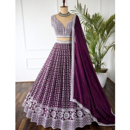 Dazzling Purple Color Cotton Thread Work Lehenga Choli