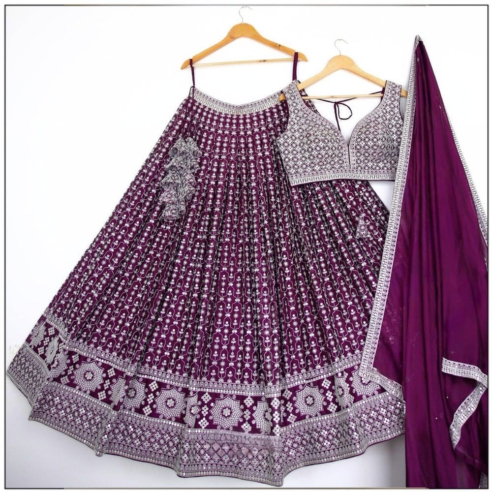 Dazzling Purple Color Cotton Thread Work Lehenga Choli