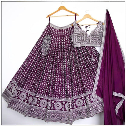 Dazzling Purple Color Cotton Thread Work Lehenga Choli