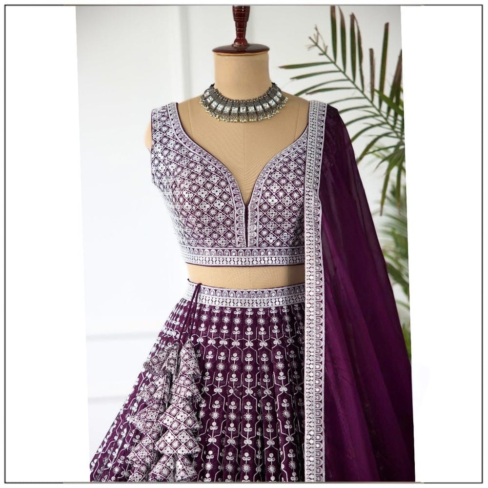 Dazzling Purple Color Cotton Thread Work Lehenga Choli