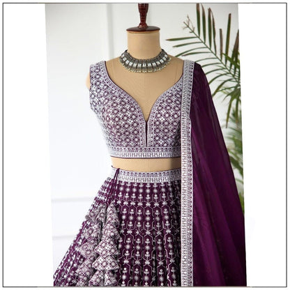Dazzling Purple Color Cotton Thread Work Lehenga Choli