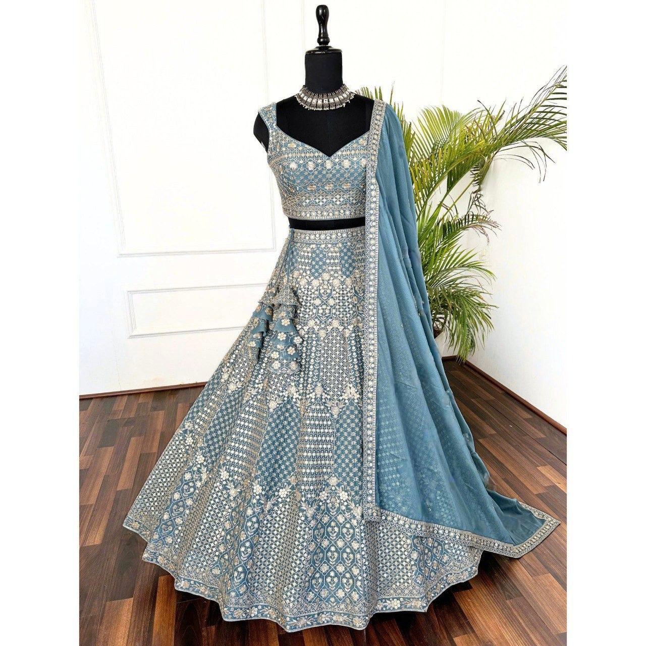 Outstanding Sky Blue Color Star Faux Georgette Embroidered Work Lehenga Choli