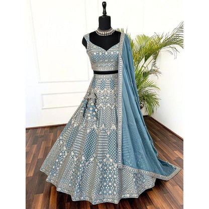 Outstanding Sky Blue Color Star Faux Georgette Embroidered Work Lehenga Choli