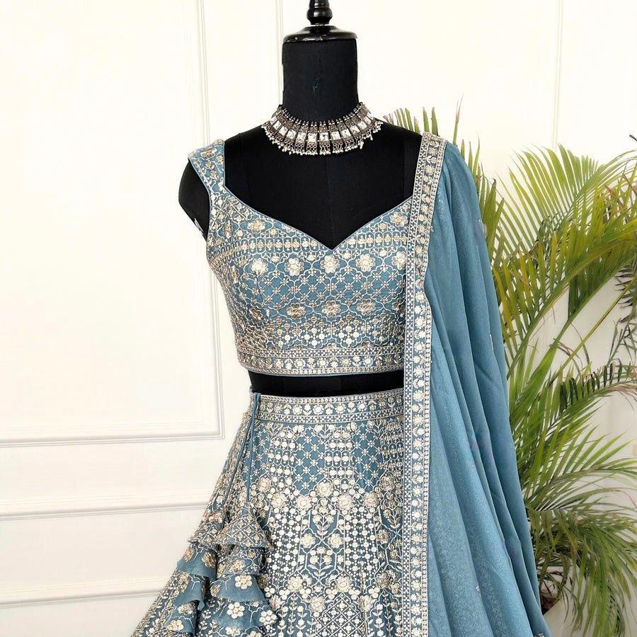 Outstanding Sky Blue Color Star Faux Georgette Embroidered Work Lehenga Choli