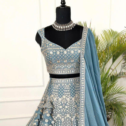 Outstanding Sky Blue Color Star Faux Georgette Embroidered Work Lehenga Choli