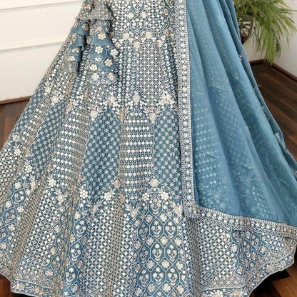 Outstanding Sky Blue Color Star Faux Georgette Embroidered Work Lehenga Choli