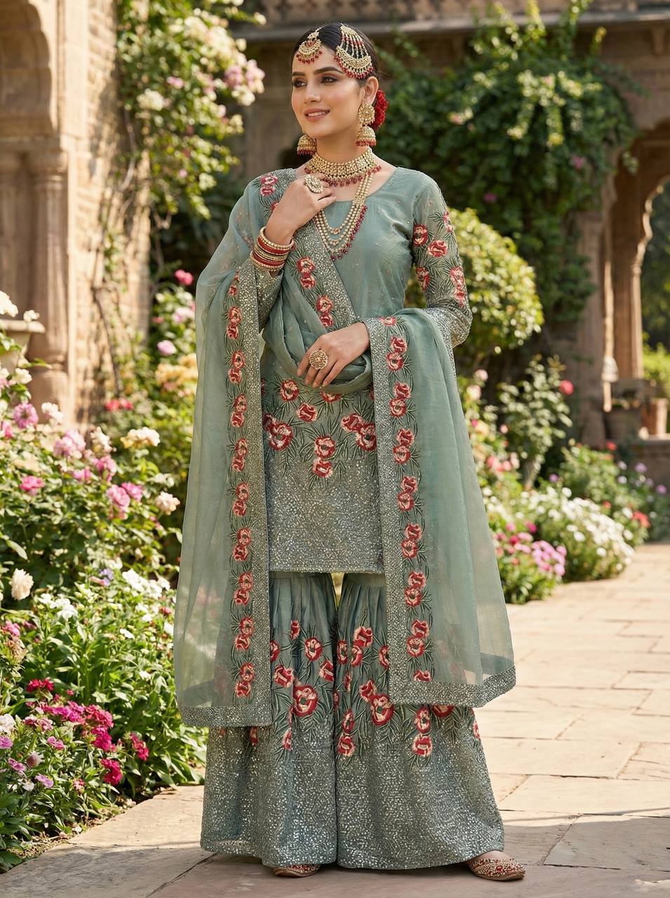Luxury Light Green Color Fendy Silk Handwork Sharara Set