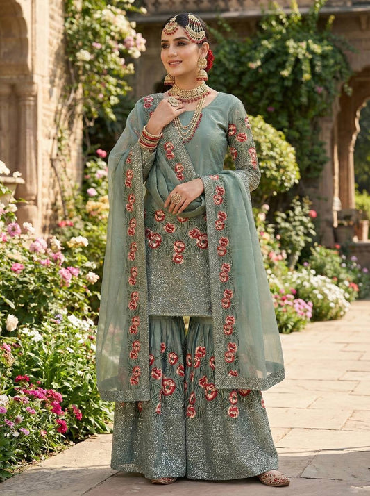 Luxury Light Green Color Fendy Silk Handwork Sharara Set