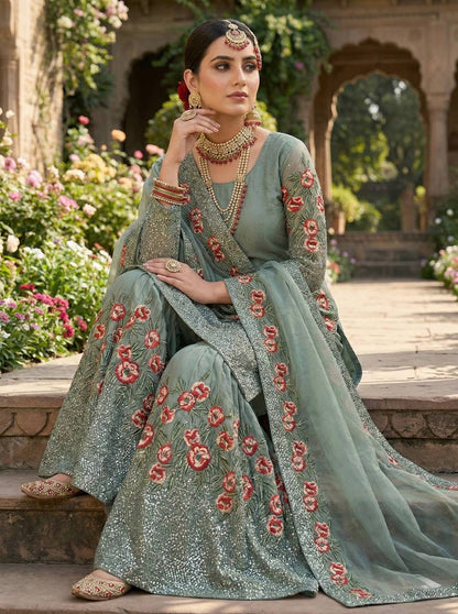 Luxury Light Green Color Fendy Silk Handwork Sharara Set