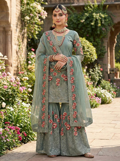 Luxury Light Green Color Fendy Silk Handwork Sharara Set