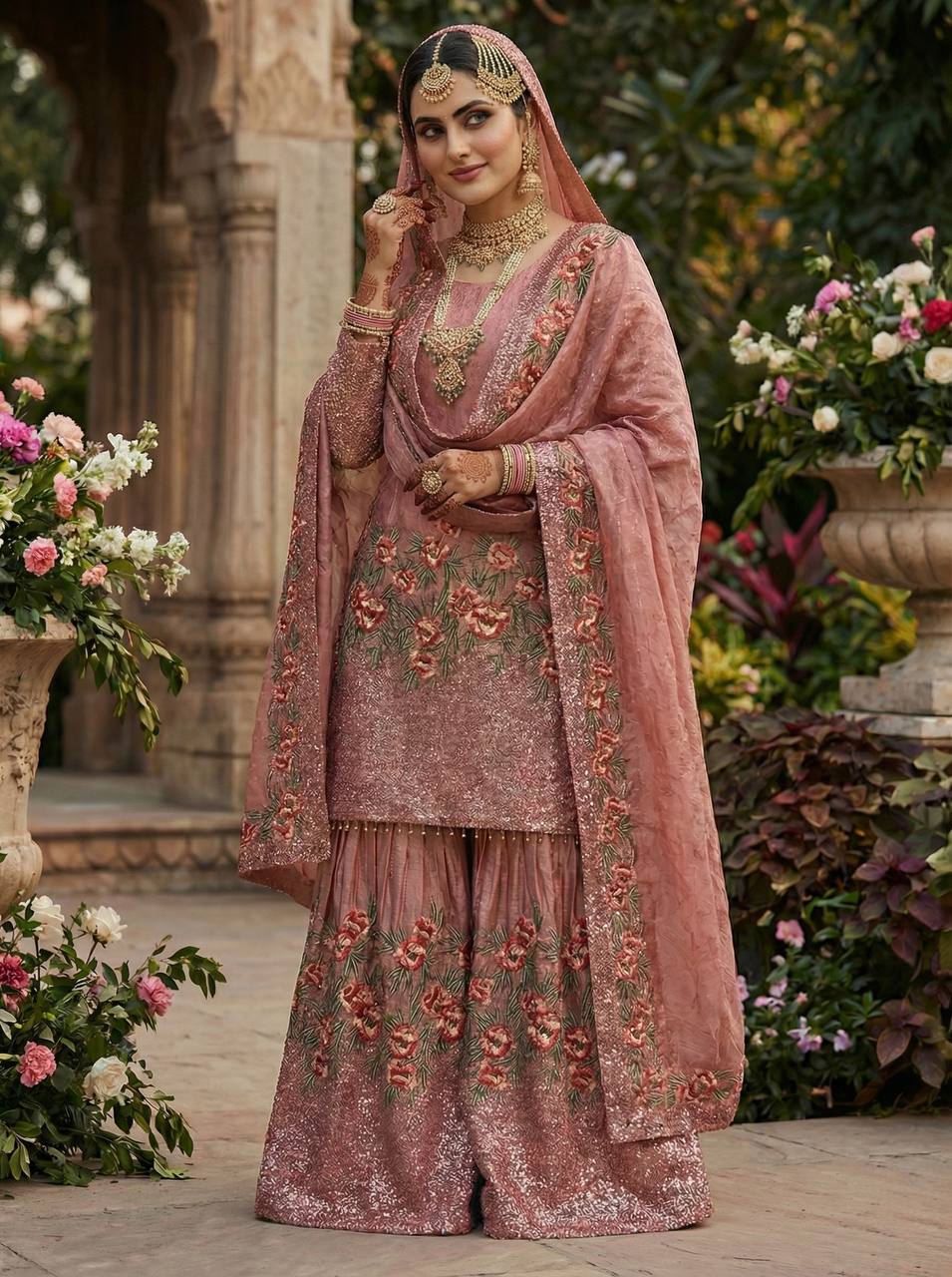 Luxury Pink Color Fendy Silk Handwork Sharara Set