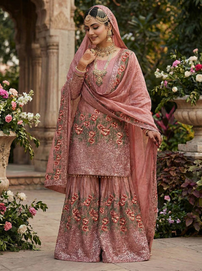 Luxury Pink Color Fendy Silk Handwork Sharara Set
