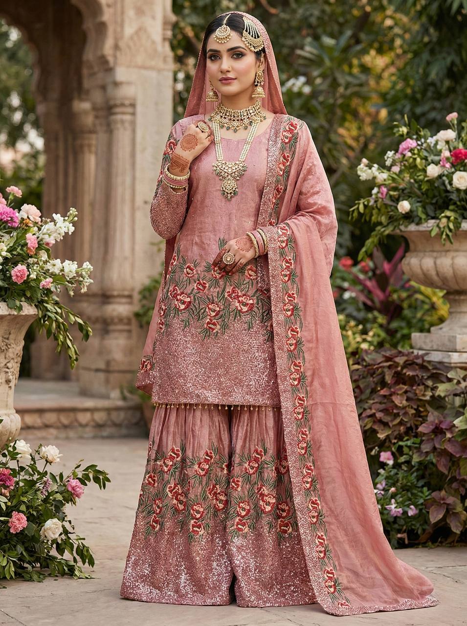 Luxury Pink Color Fendy Silk Handwork Sharara Set