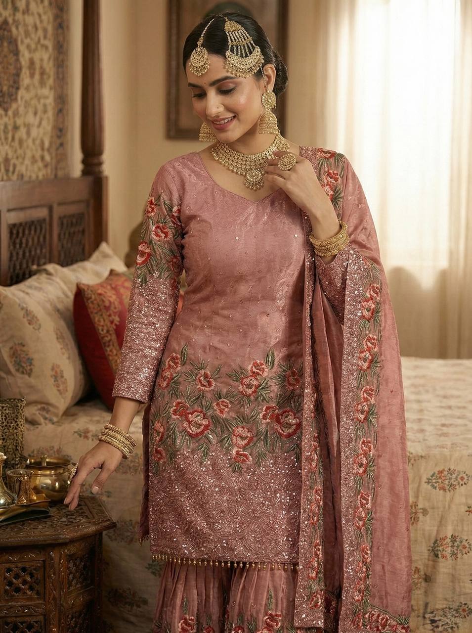 Luxury Pink Color Fendy Silk Handwork Sharara Set