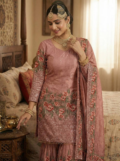 Luxury Pink Color Fendy Silk Handwork Sharara Set