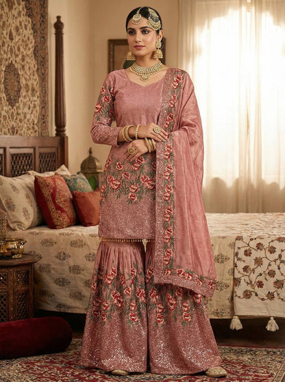Luxury Pink Color Fendy Silk Handwork Sharara Set