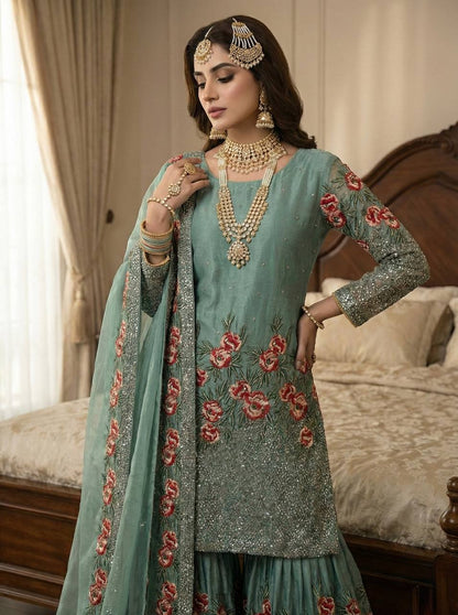 Luxury Light Green Color Fendy Silk Handwork Sharara Set