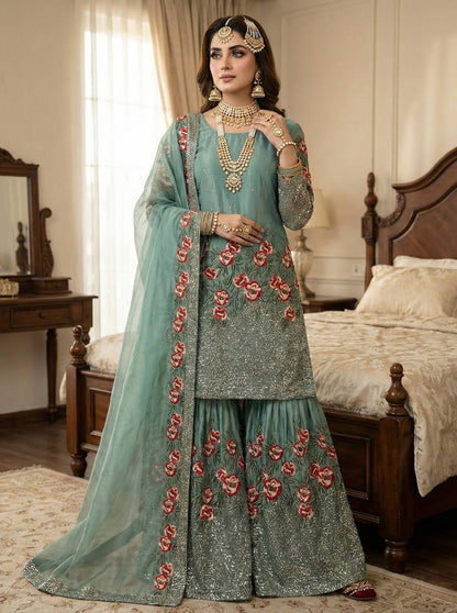 Luxury Light Green Color Fendy Silk Handwork Sharara Set