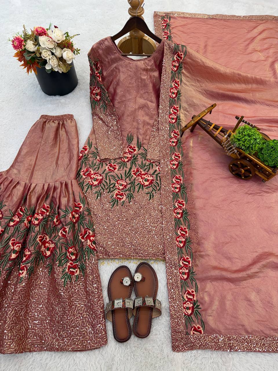Luxury Pink Color Fendy Silk Handwork Sharara Set