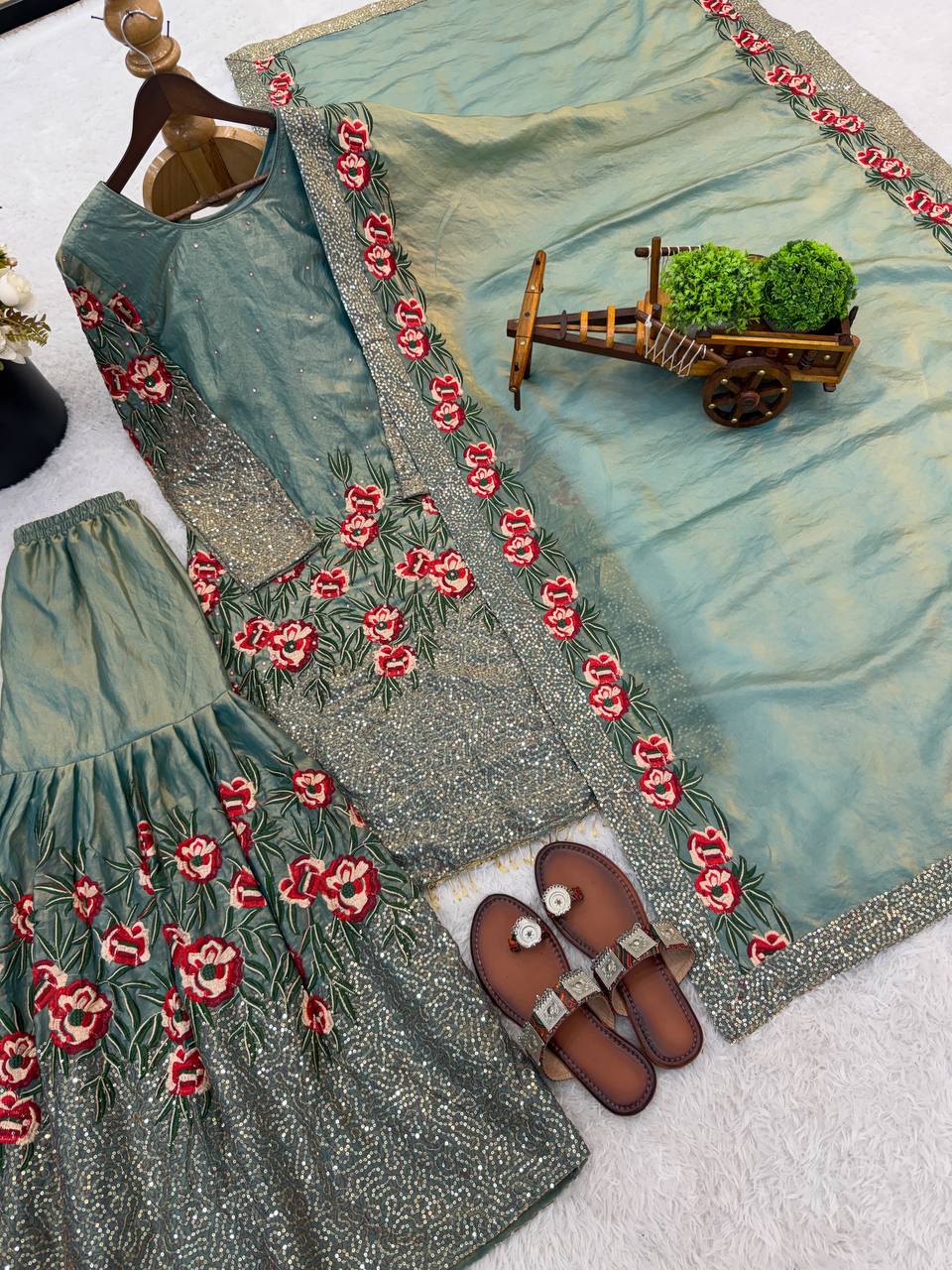 Luxury Light Green Color Fendy Silk Handwork Sharara Set