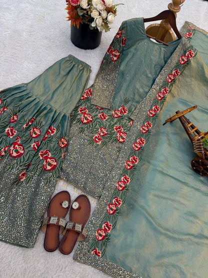 Luxury Light Green Color Fendy Silk Handwork Sharara Set