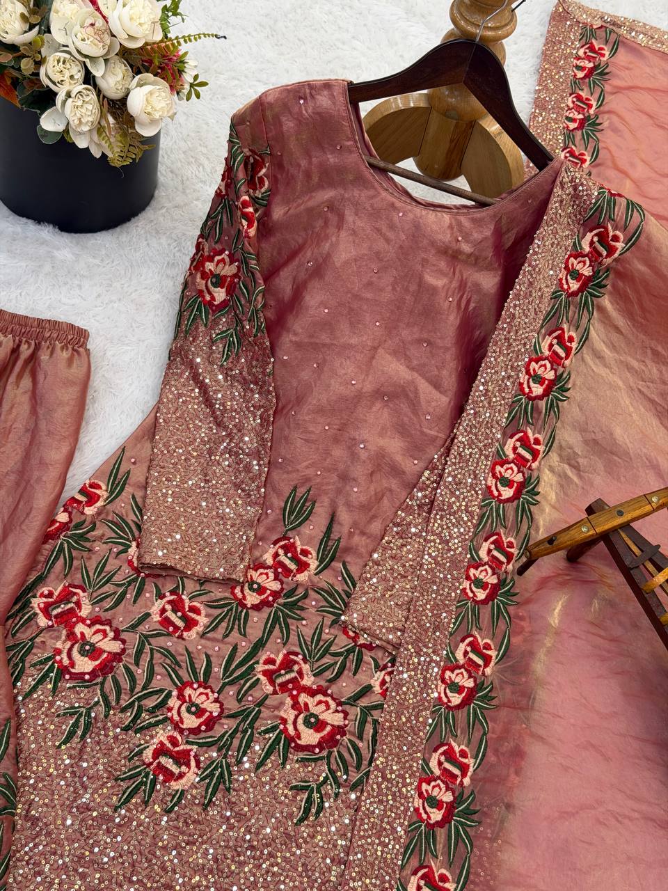 Luxury Pink Color Fendy Silk Handwork Sharara Set