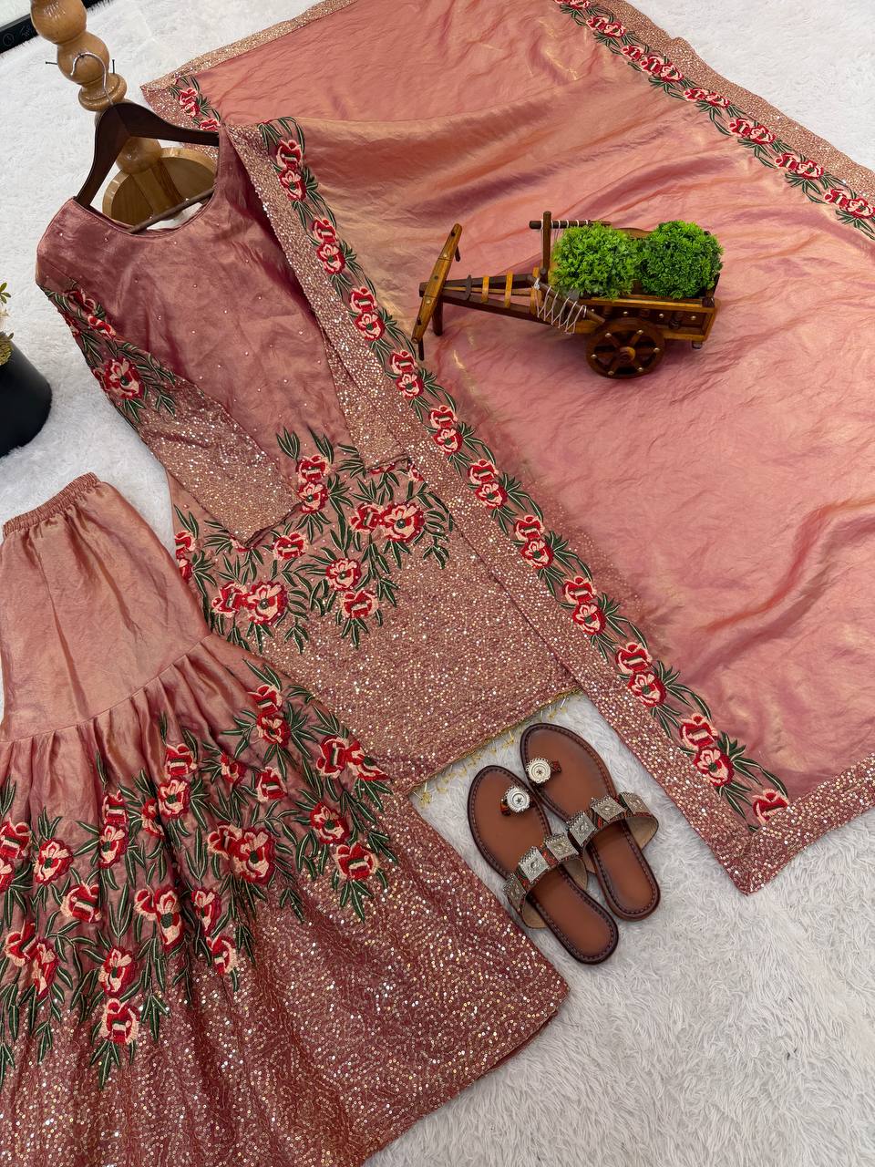 Luxury Pink Color Fendy Silk Handwork Sharara Set