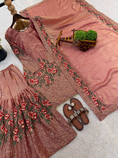 Luxury Pink Color Fendy Silk Handwork Sharara Set