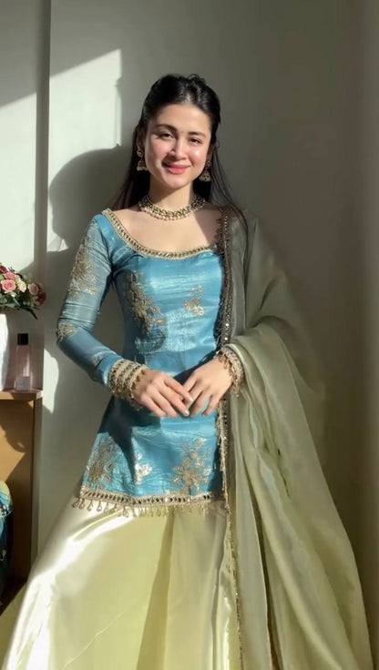 Designer Fendy Silk Mirror Work Palazzo Suit Set