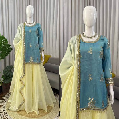 Designer Fendy Silk Mirror Work Palazzo Suit Set