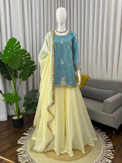 Designer Fendy Silk Mirror Work Palazzo Suit Set