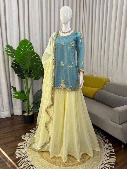 Designer Fendy Silk Mirror Work Palazzo Suit Set