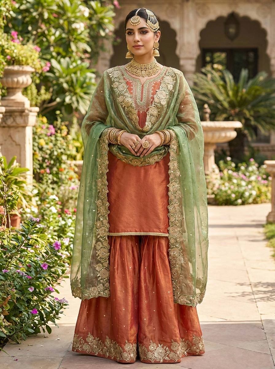 Classic Festive Wear Fendy Silk Sharara Suit Set