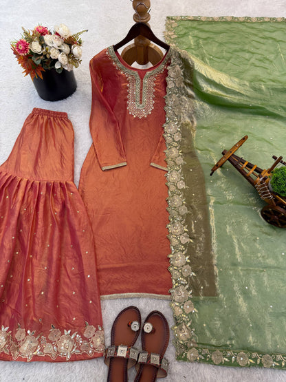 Classic Festive Wear Fendy Silk Sharara Suit Set