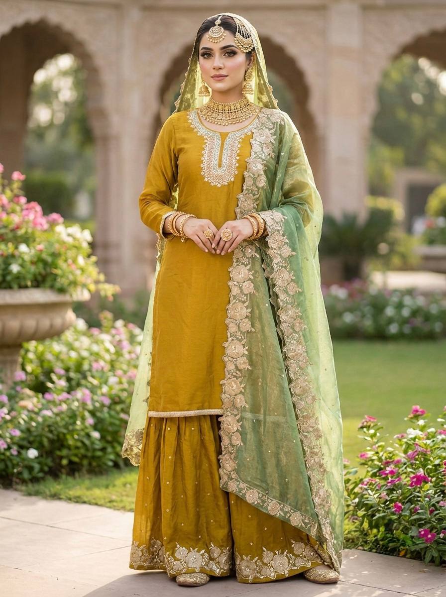Classic Festive Wear Fendy Silk Sharara Suit Set