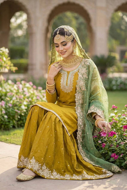 Classic Festive Wear Fendy Silk Sharara Suit Set