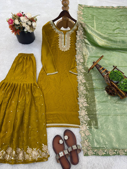 Classic Festive Wear Fendy Silk Sharara Suit Set
