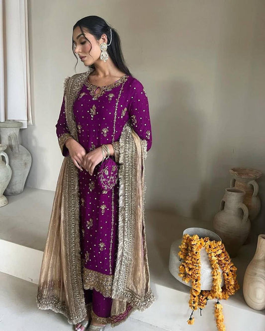 Stunning Purple Color Faux Georgette With Sequence Embroidery Work Salwar Suit