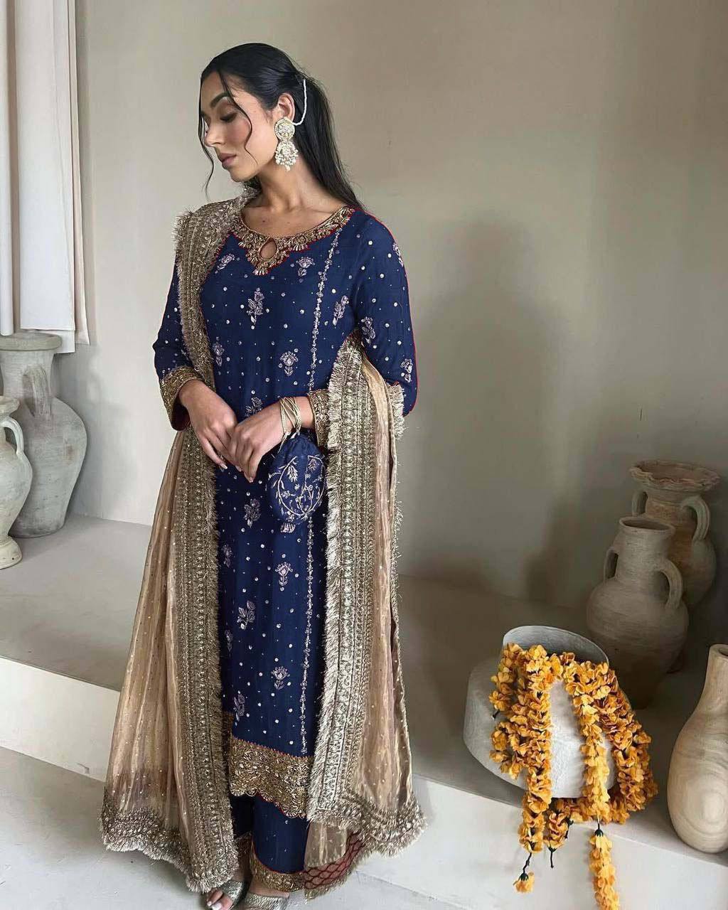 Stunning Blue Color Faux Georgette With Sequence Embroidery Work Salwar Suit