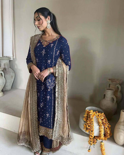Stunning Blue Color Faux Georgette With Sequence Embroidery Work Salwar Suit